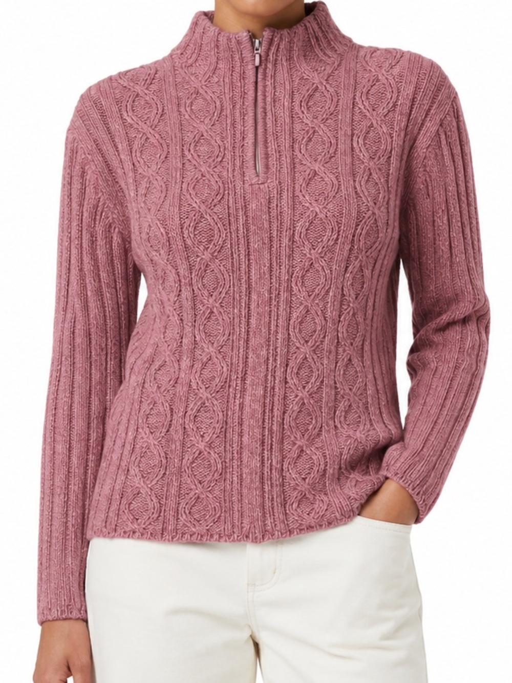 Cabela’s Women’s Mauve Pink 100% Cotton Cable Knit 1/4 Zip Mock Neck Sweater